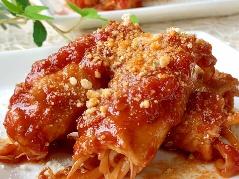 イタリアン風♫もやしの肉巻きトマトソース煮込み